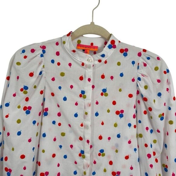 Vilagallo Puff‎ Sleeve Button Front Shirt White/Multi Embroidered Polka Dots 40 - Picture 3 of 10